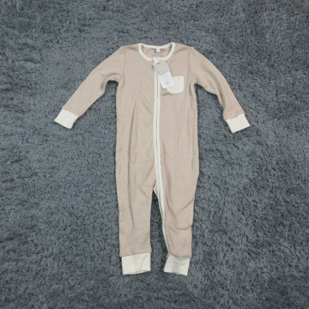 MORI Coverall Baby Girls 12-18M Beige Stripe Bamboo Viscose Zip One Piece NWT